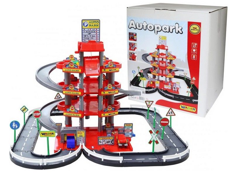 Паркинг 4-уровневый с дорогой и автомобилями, красный (в коробке)