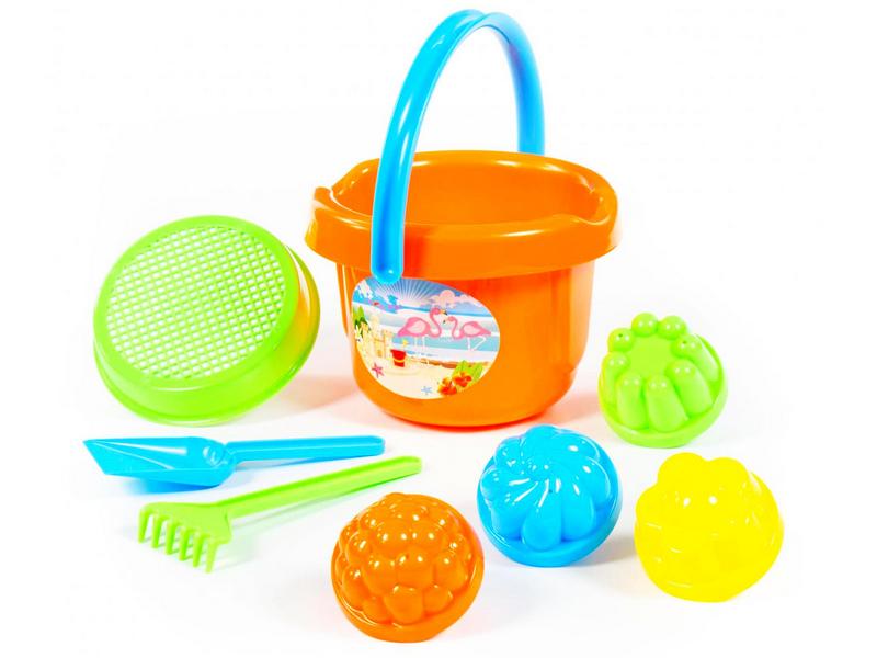 Донецк игрушка оптом Набор №10: ведро большое, ситечко, лопатка, грабельки, 4 формочки