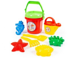 Набор №414: ведро №9, сито №9, лопатка №31, грабельки №31, формочки (краб №1 + морской конёк + морская звезда №1 + ракушка №1), лейка №10 доставка оптом в Донецк