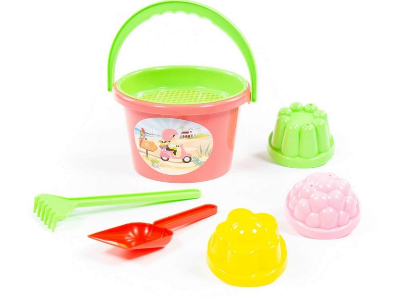 Донецк игрушка оптом Набор №11: ведро среднее, ситечко, 3 формочки, лопатка, грабельки