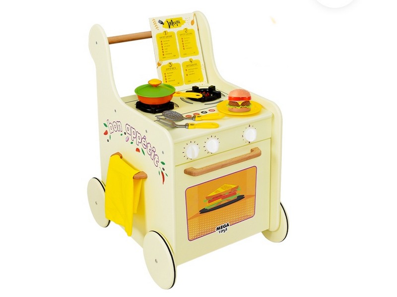 Донецк игрушка оптом Кухня-каталка деревянная 6 в 1 с набором посуды «Гриль Мастер» желтая