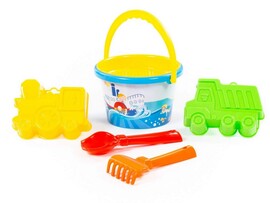 Набор №252: ведро среднее с наклейкой, ситечко, совок №2, грабельки №2, формочки (самосвал + паровоз) доставка оптом в Донецк