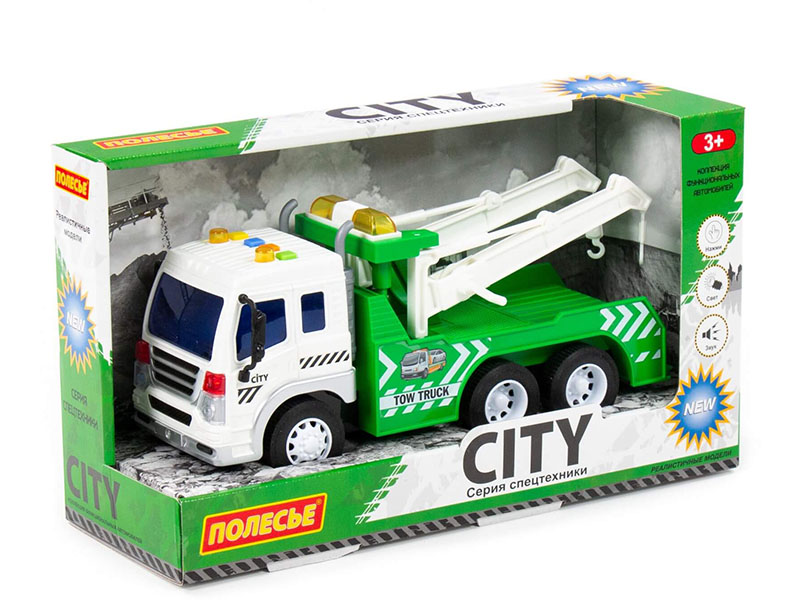 "Сити", автомобиль-эвакуатор 26 см, инерц., свет и звук, зелёный, в коробке
