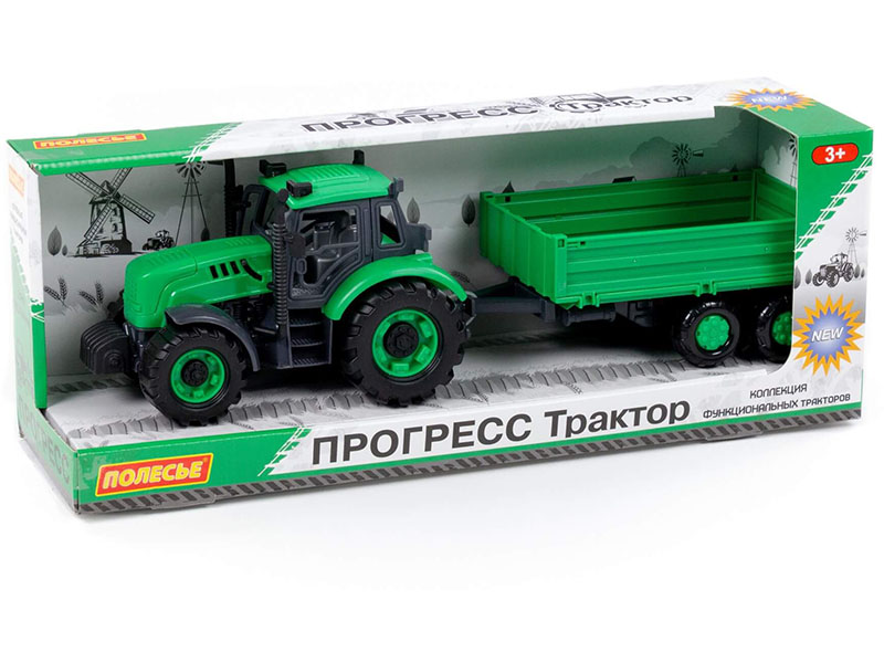 Трактор "Прогресс" с бортовым прицепом 39 см инерц. (зелёный) (в коробке)