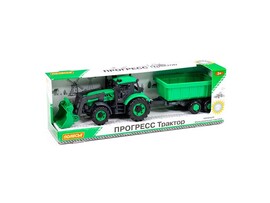 Трактор "Прогресс" 43 см с прицепом и ковшом инерционный (зелёный) (в коробке)