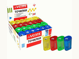 Точилка deVENTE 1 отв. с контейнером, пласт., прямоуг., ассорти, в к/к
