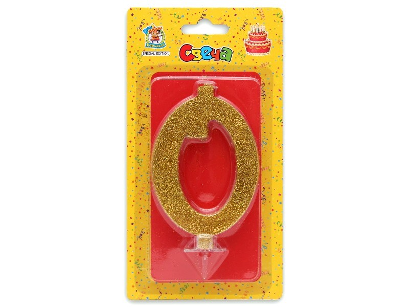 Донецк игрушка оптом Свеча для торта золотой глиттер (большая) Цифра «0» С-1892