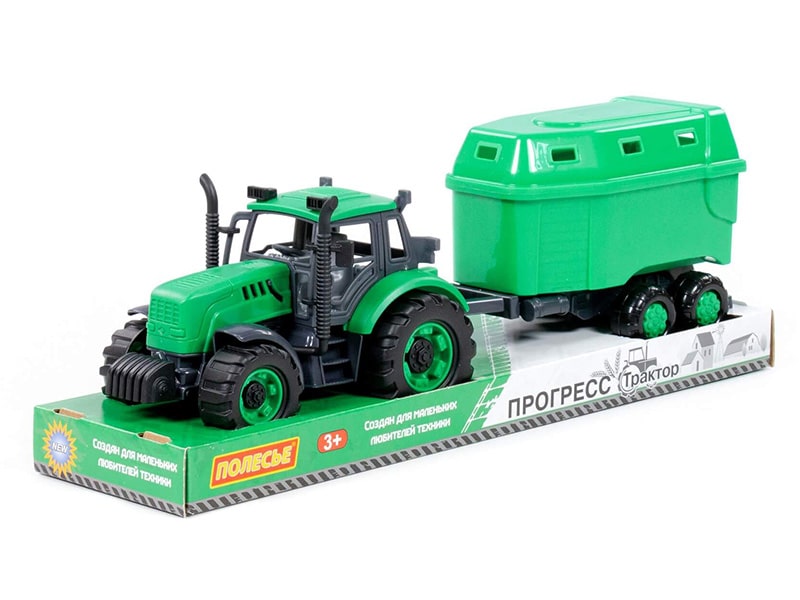 Трактор "Прогресс" с прицепом для перевозки животных 37 см инерц. (зелёный) (в лотке)