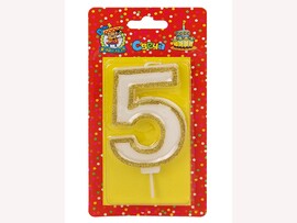Свеча д/торта с золотой окант. глиттер Цифра 5 С-5949