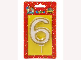 Свеча д/торта с золотой окант. глиттер Цифра 6 С-5950