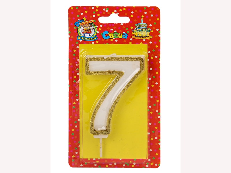 Свеча д/торта с золотой окант. глиттер Цифра 7 С-5951