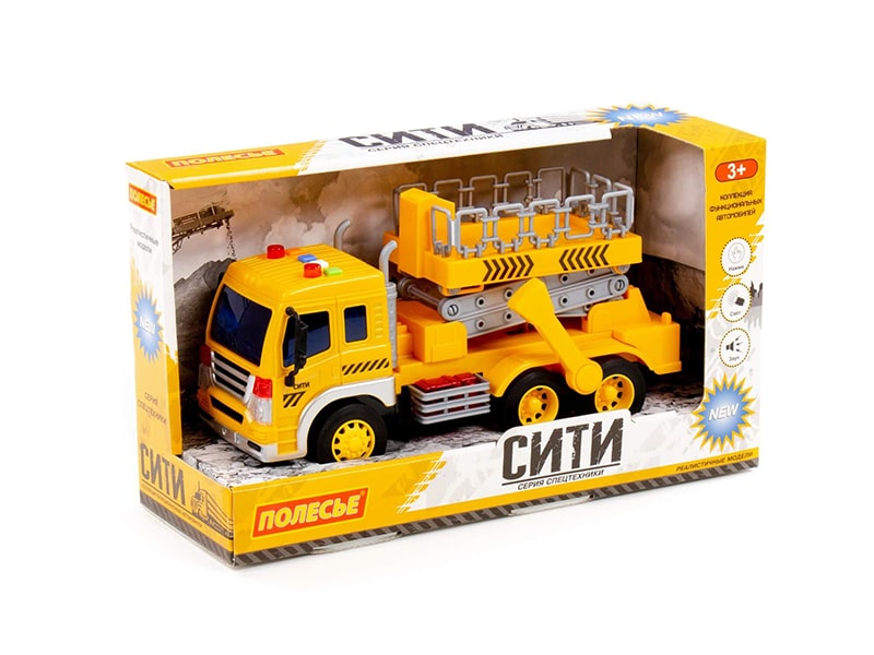 "Сити", автомобиль с подъёмником 26 см инерц., свет и звук, жёлтый, в коробке