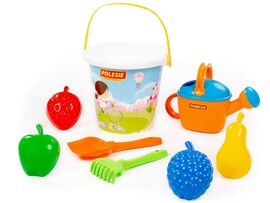 Набор №602: ведро большое с наклейкой, лопатка №5, грабельки №5, формочки "Фрукты" 4 шт, лейка №8 доставка оптом в Донецк