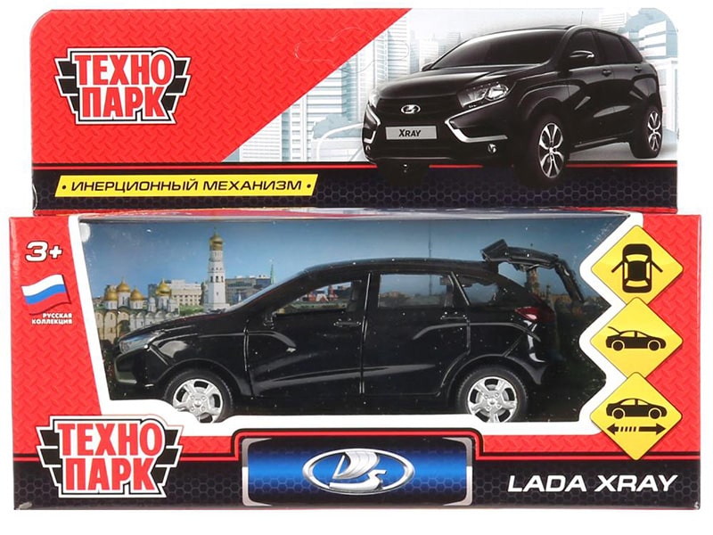 Машина металл. Lada Xray 12 см, двери, багаж, инерц, черный, кор. Технопарк