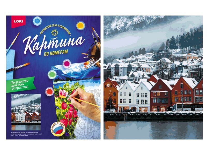 Донецк игрушка оптом Картина на картоне с красками 40х50 см по номерам. НОРВЕГИЯ ЗИМОЙ