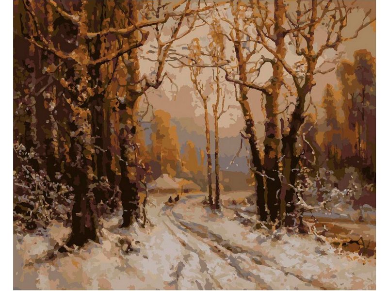 Донецк игрушка оптом Холст с красками 40х50 см по номерам. ДОРОГА В ЗИМНЕМ ЛЕСУ