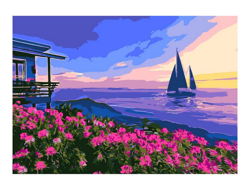 Донецк игрушка оптом Картина на картоне с красками 20х28,5 см по номерам. ПАРУС НА ЗАКАТЕ
