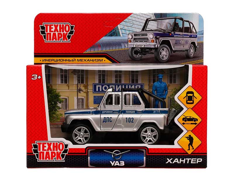 Машина металл. UAZ Hunter Полиция 11,5 см, дв., багаж., инерц., фигурка. Технопарк