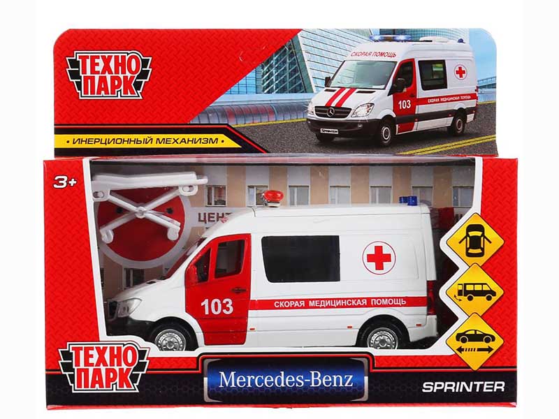 Машина метал. Mercedes-Benz Sprinter Скорая 14 см, дв., кор. Технопарк