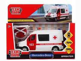 Машина метал. Mercedes-Benz Sprinter Скорая 14 см, дв., кор. Технопарк