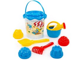 "Смурфики-1" набор №3: ведро с наклейкой, ситечко "Солнышко", лопатка №5, грабельки №5, лейка малая №4, формочки 4 шт доставка оптом в Донецк