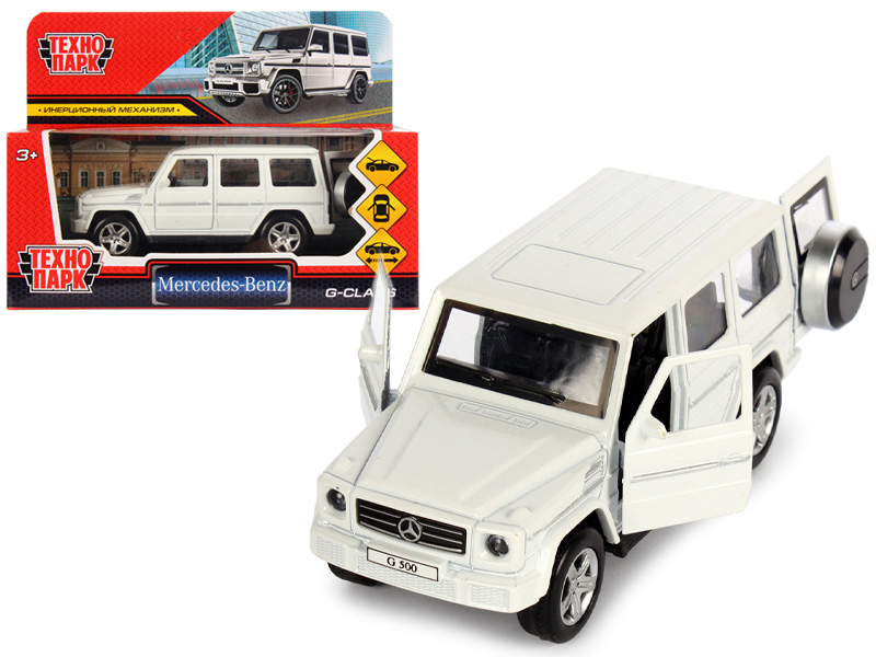Машина металл. Mercedes-Benz G-Class 12 см, двери, багаж., белый. Технопарк