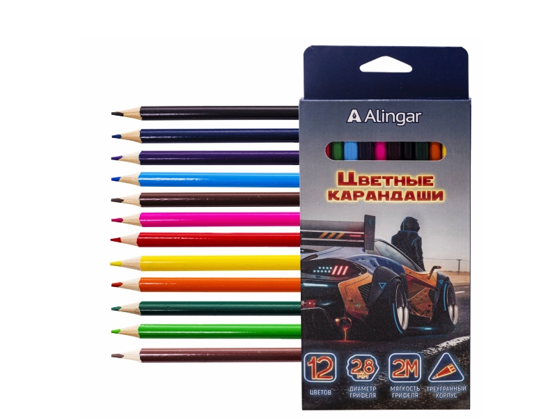 Карандаши цв. Alingar "Street racing" 12 цв., трехгр., заточ., d=2.8 мм AL9060