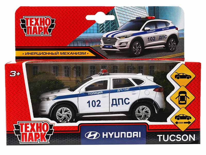 Машина металл. Hyundai Tucson Полиция 12 см, дв., багаж., инерц., белый. Технопарк