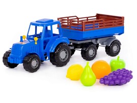 Трактор "Алтай" (синий) с прицепом №2 + набор продуктов (5 элементов) (в сеточке)