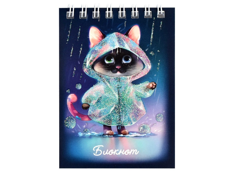 Блокнот А7 40 л. Котик в дождевике, клетка, гребень. Арт. 68156