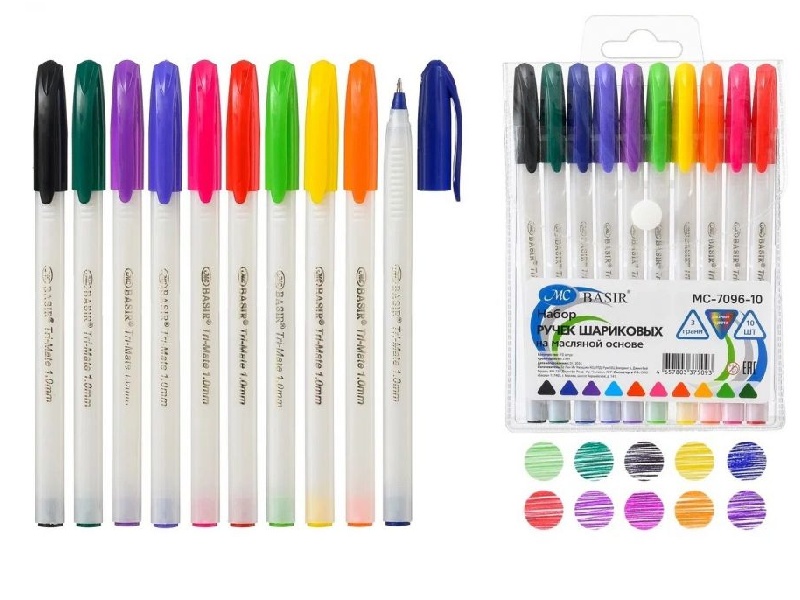 Набор масл. ручек Basir 10 цв., трехгр. белый корп., игольч.