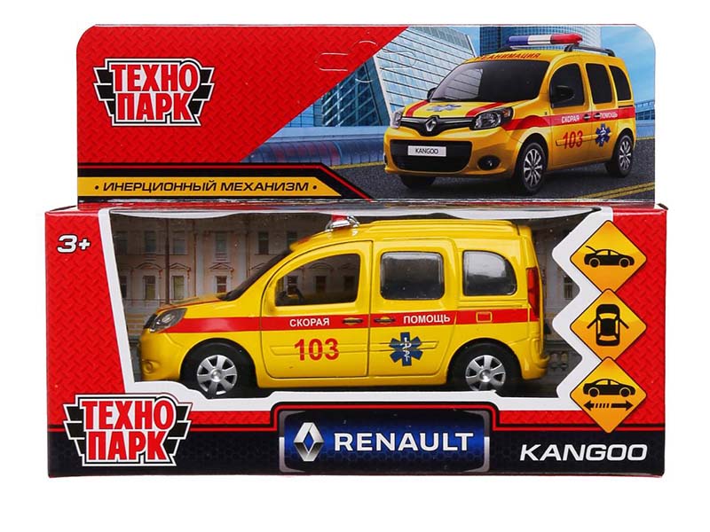 Машина металл. Renault Kangoo Реанимация 12 см, дв., багаж., желтая. Технопарк