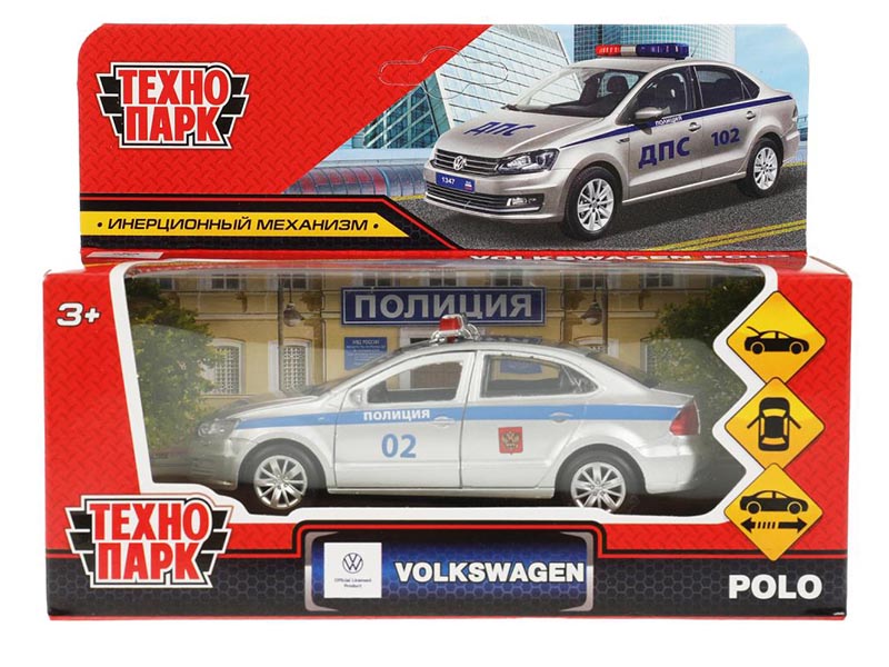 Машина металл. Volkswagen Polo Полиция 12 см, дв., багаж., инерц. Технопарк