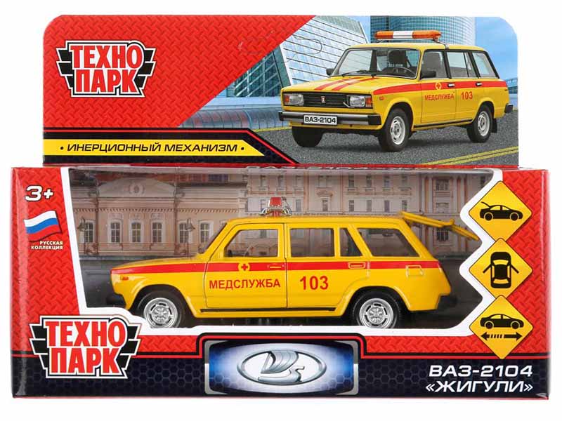 Машина металл. ВАЗ-2104 Жигули Скорая 12 см, дв., багаж., инерц. Технопарк