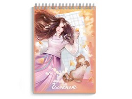 Блокнот А7 40 л. Девушка с котиком, гребень, УФ-лак, клетка. Арт. 68167