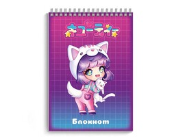 Блокнот А7 40 л. Чиби с котом, гребень, УФ-лак, клетка. Арт. 68172