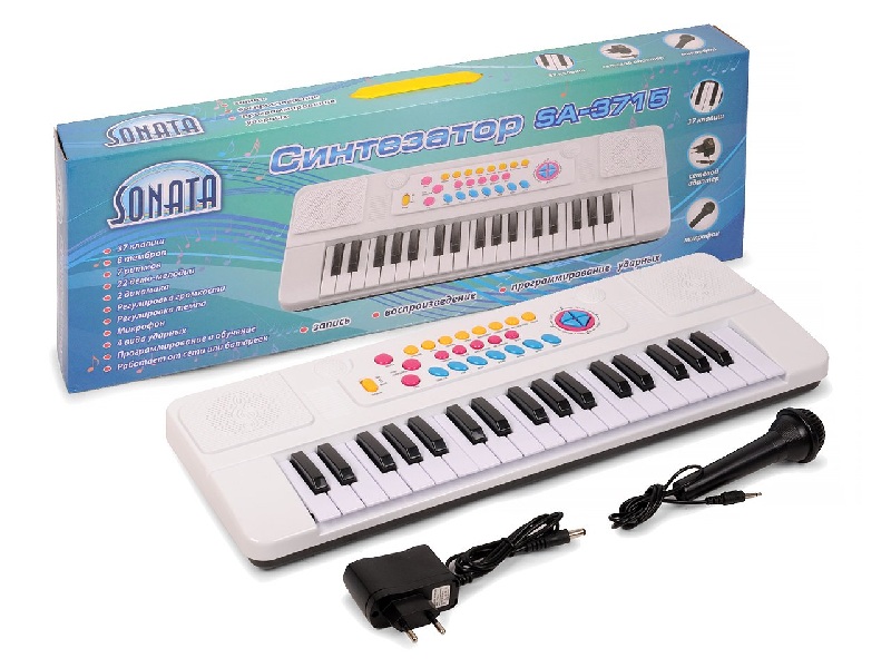Синтезатор "Sonata" с микрофоном, 37 клав., 8 тембр., 22 мелодии, рег. громк., в кор. 58*24 см. SA-3715