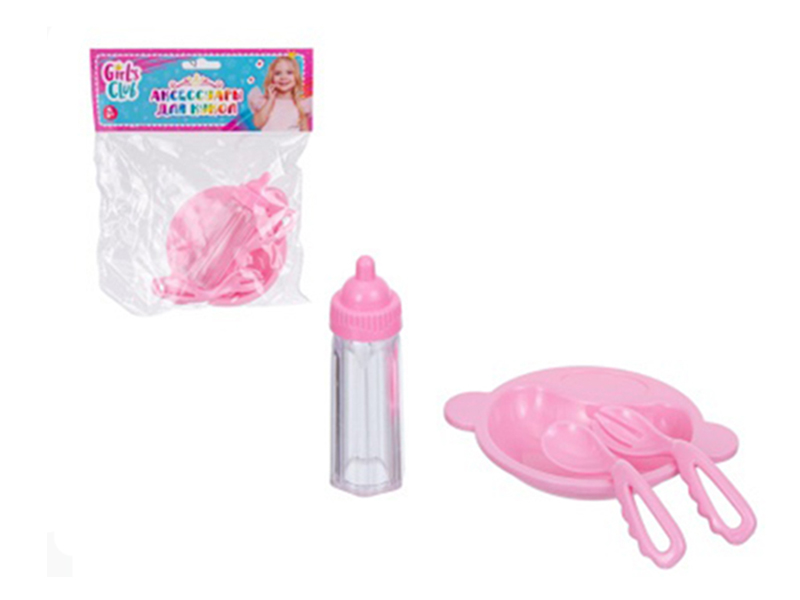 Аксессуары для кукол "Girl's club": бутылочка, тарелка, вилка, ложка, в пак. IT108533