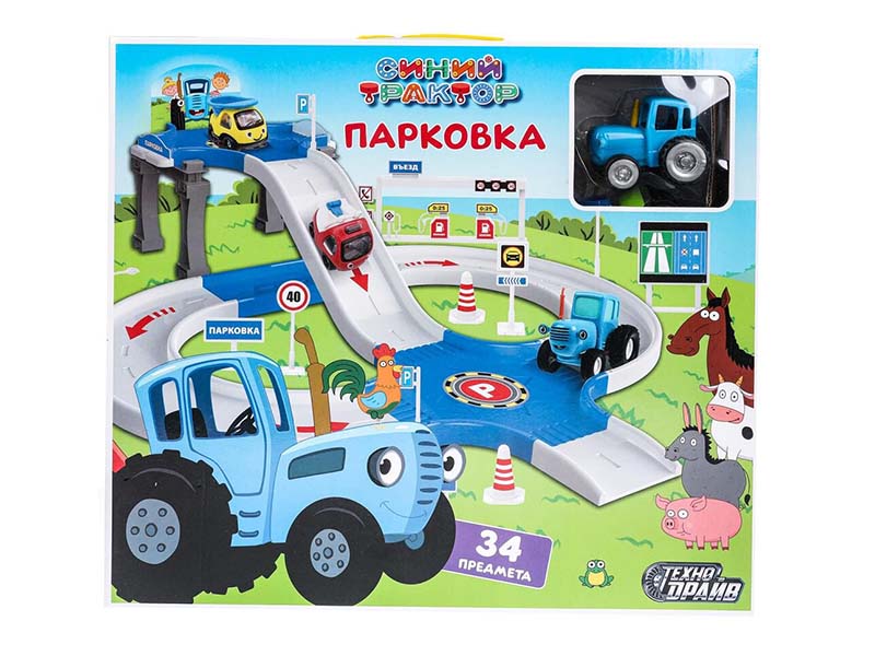 Парковка "Синий трактор" 34 предм., 39*35 см в кор. Технопарк