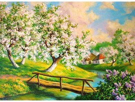 Холст с красками 22х30 см по ном. Цветущая яблоня. Арт. Х-4047