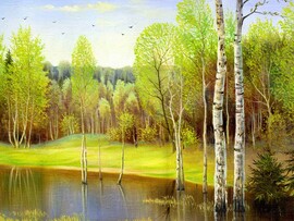 Холст с красками 30х40 см по ном. Зеленеющий лес весной. Арт. Х-4180