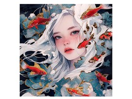 Холст с красками 40х40 см по ном. Девушка с рыбками, с поталью. Арт. ХП-9773