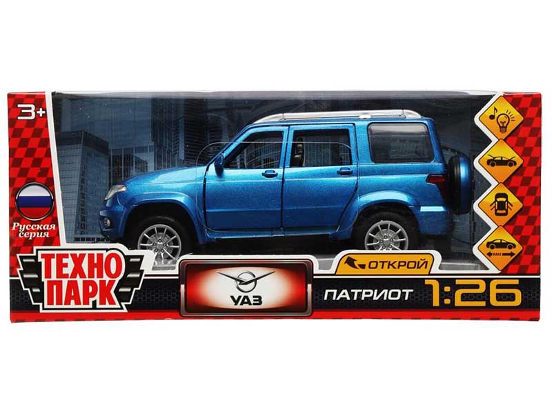 Машина металл. УАЗ Патриот 18 см, свет, звук, дв., инерц., синий. Технопарк