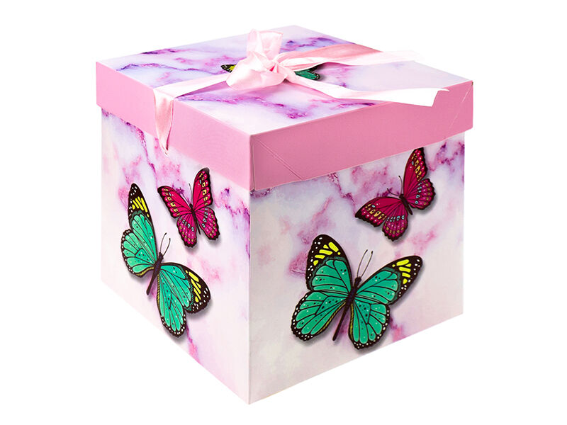 Коробка складная Бабочки 22х22 см, лента, розовый. КРС-3196