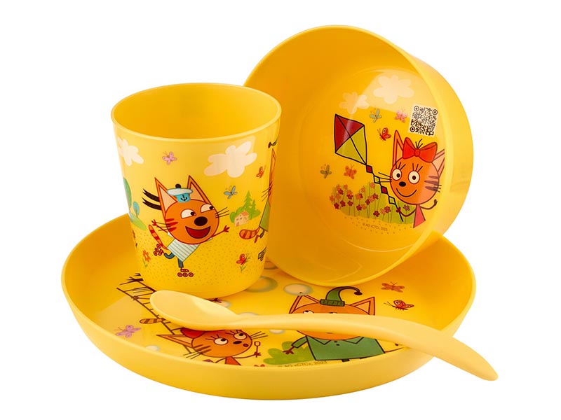 Набор посуды "Три Кота. Каникулы": тарелка, миска, стакан и ложка. RFD-013