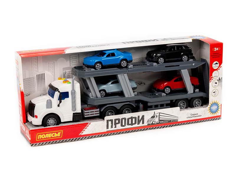 "Профи", автомобиль-тягач с полуприцепом-автовозом инерционный (со светом и звуком) + автомобиль "Оптима" (4шт) (в коробке)