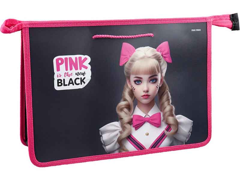 Папка на молнии А4 "Pink&Black" пласт., шнурки. П-2120