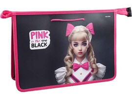 Папка на молнии А4 "Pink&Black" пласт., шнурки. П-2120