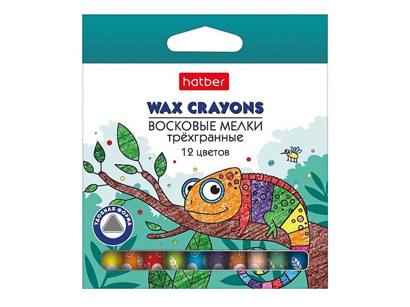 Мелки восковые "Hatber" 12 цв., 8 мм, трехгр., к/к