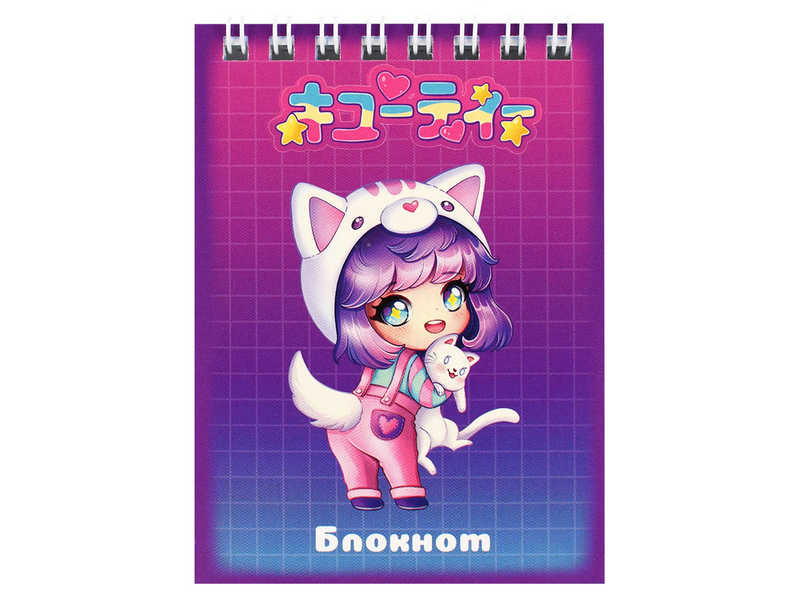 Донецк игрушка оптом Блокнот А7 40 л клетка «ЧИБИ С КОТОМ» (гребень, офсет)